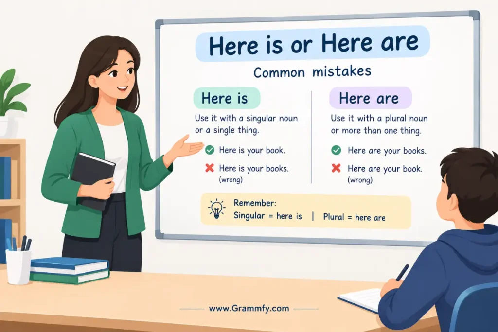 Common mistakes with “here is” and “here are”