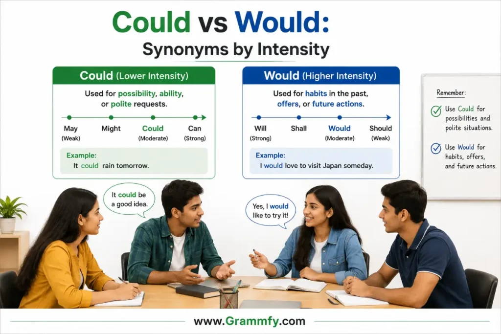 Could vs Would: Synonyms by Intensity