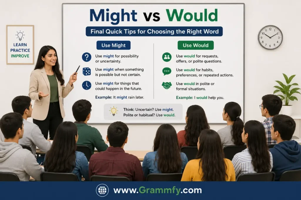 Final quick tips for choosing the right word "Might vs Would"