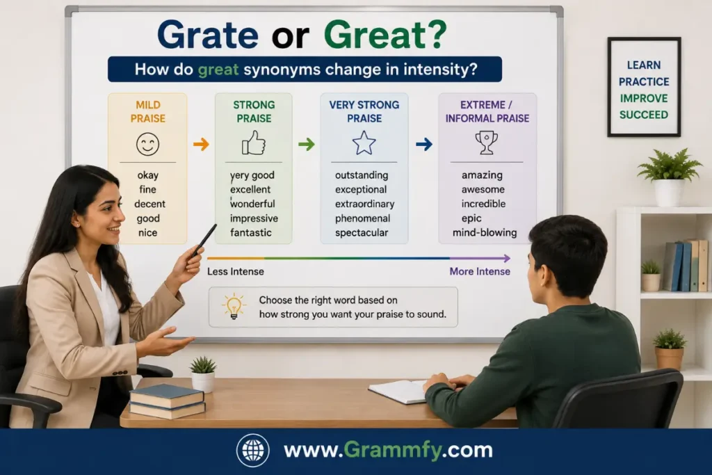 How do great synonyms change in intensity?