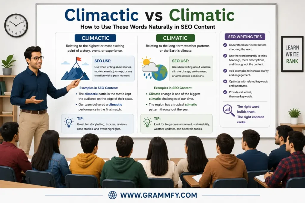 How to use these words "Climactic vs Climatic" naturally in SEO content