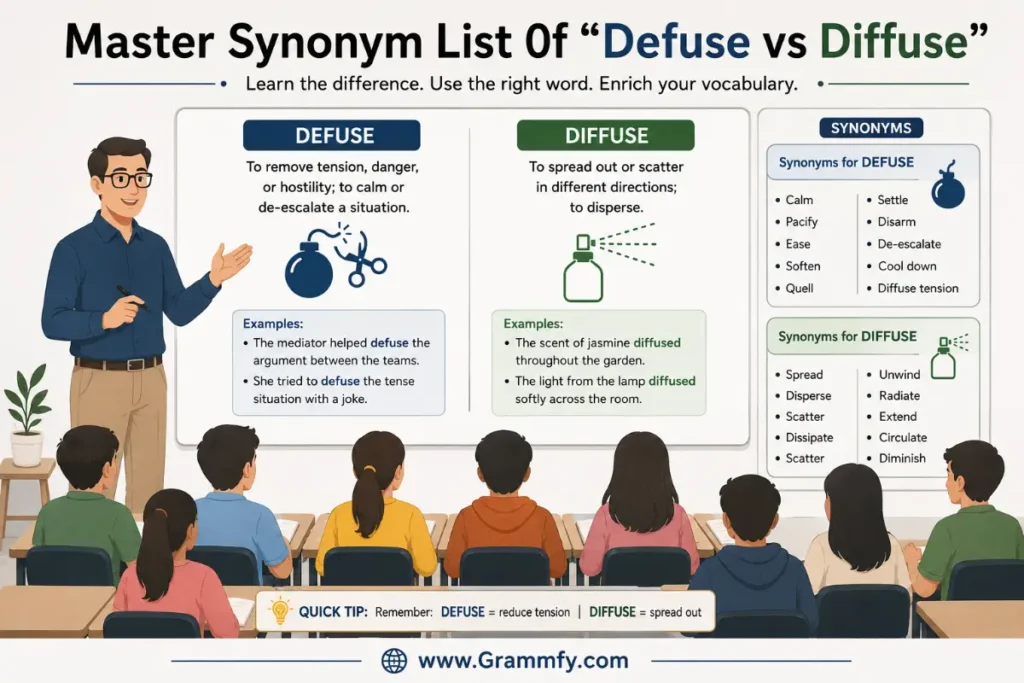 Master Synonym List 0f "Defuse vs Diffuse"