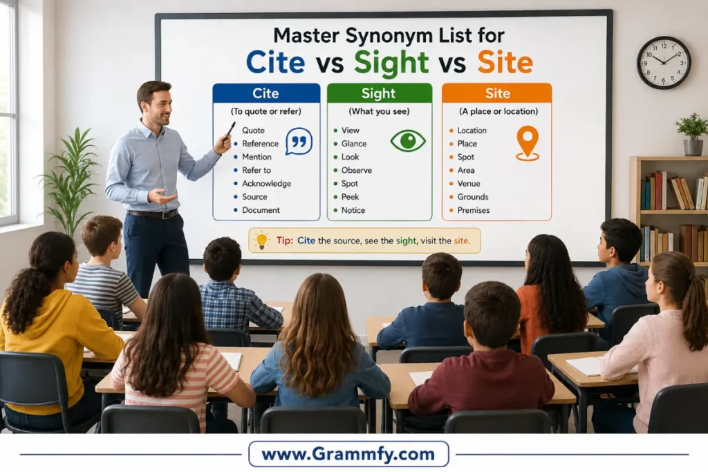 Master synonym list for "Cite vs Sight vs Site"