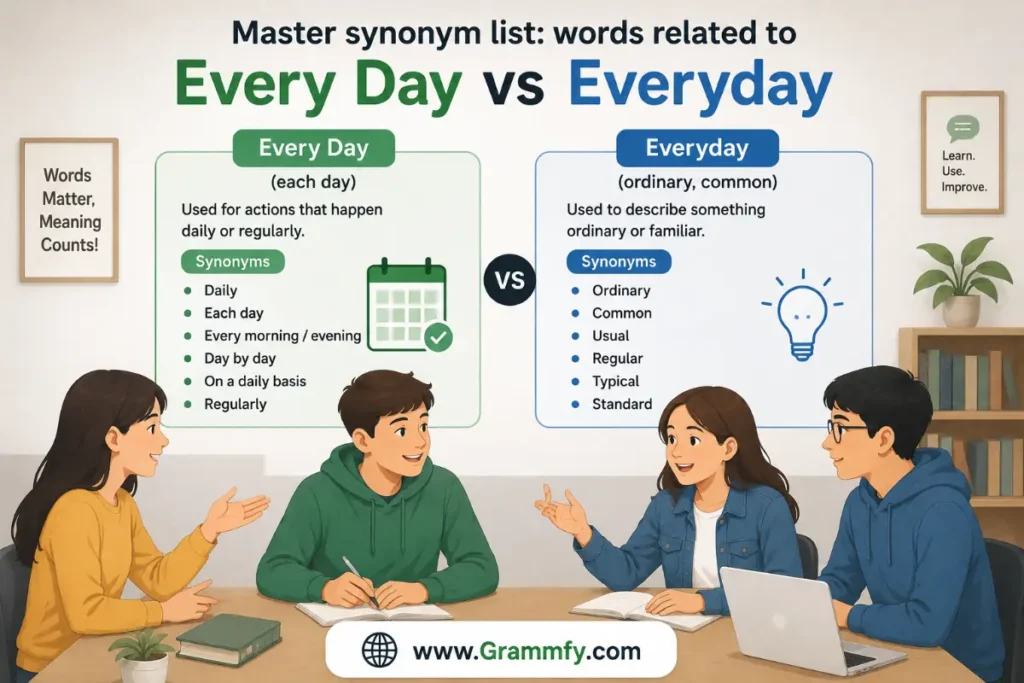Master synonym list: words related to "Every day vs Everyday"