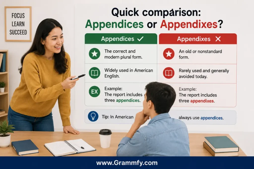 Quick comparison: Appendices or Appendixes