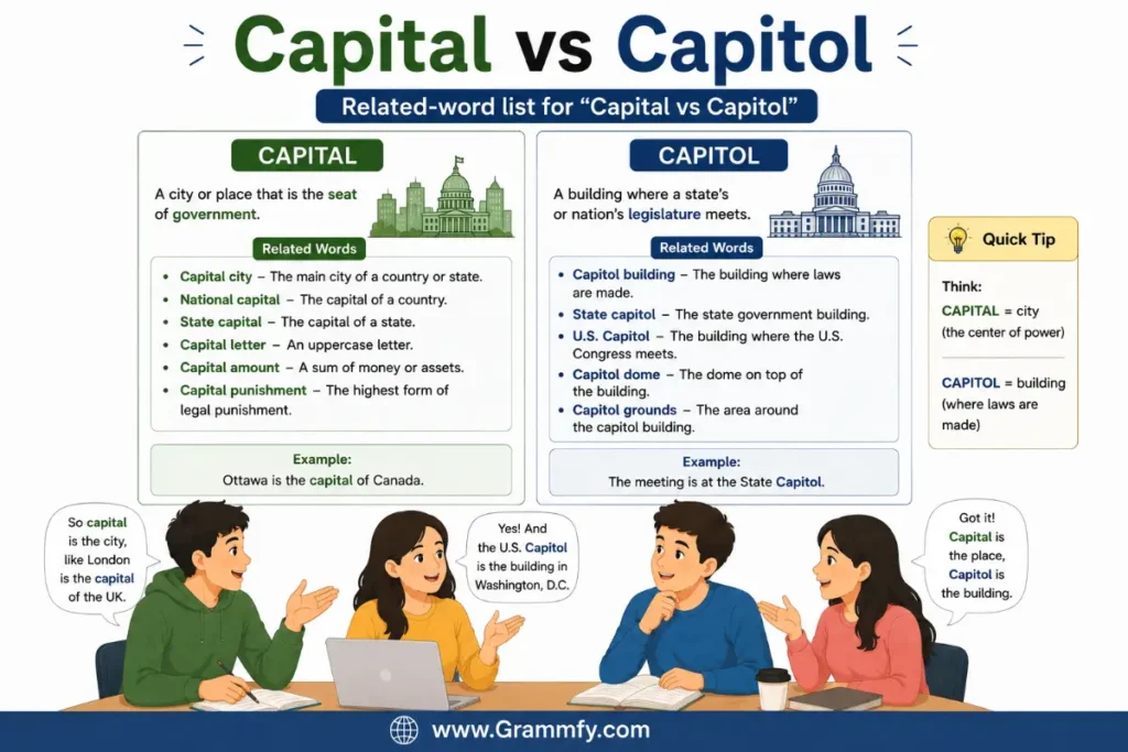 Related-word list for "Capital vs Capitol"