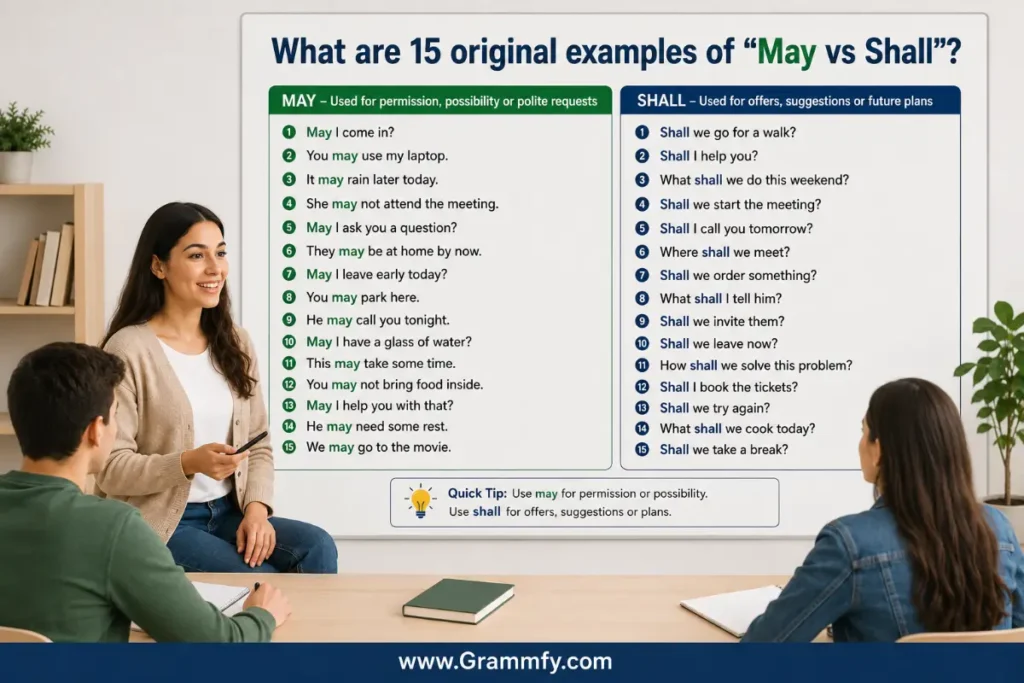 What are 15 original examples of "May vs Shall"?