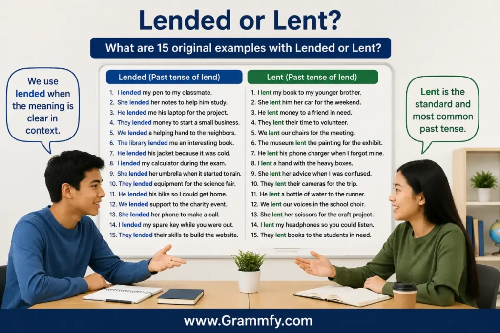 What are 15 original examples with Lended or Lent?
