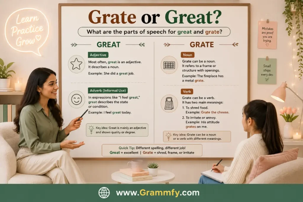 What are the parts of speech for great and grate?