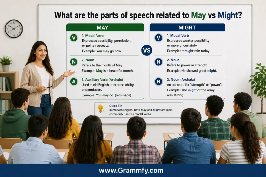 What are the parts of speech related to May vs Might?