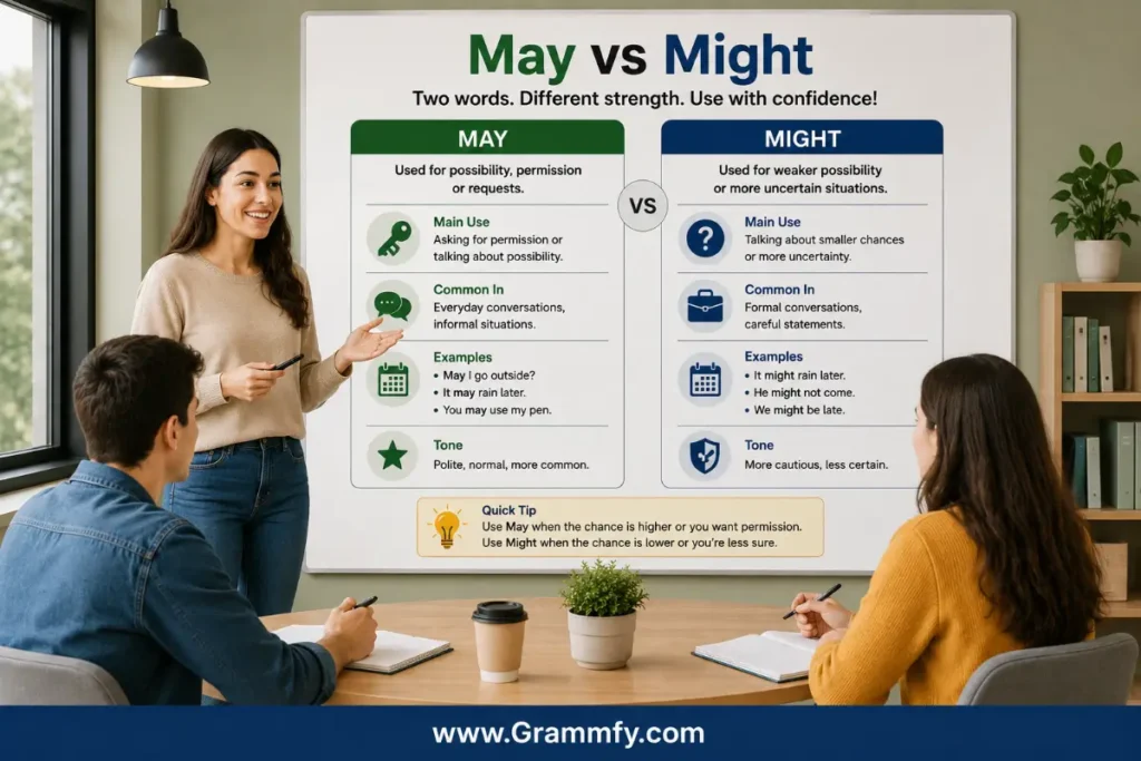 What is the basic difference between May vs Might?