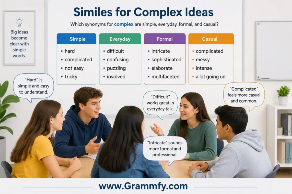 Which synonyms for complex are simple, everyday, formal, and casual?