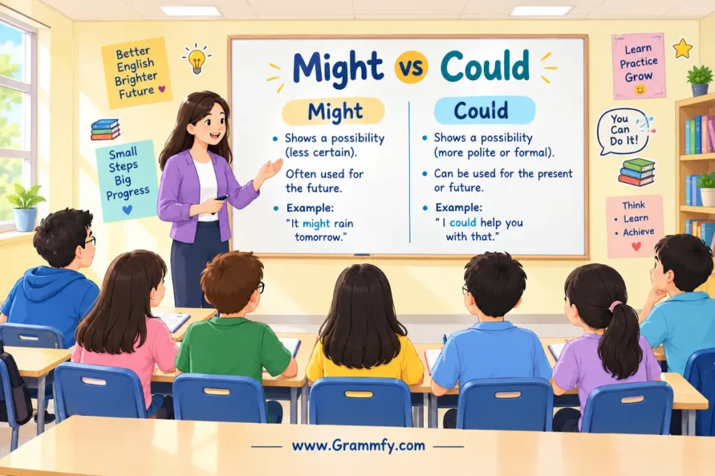 How do Might vs Could differ by part of speech?