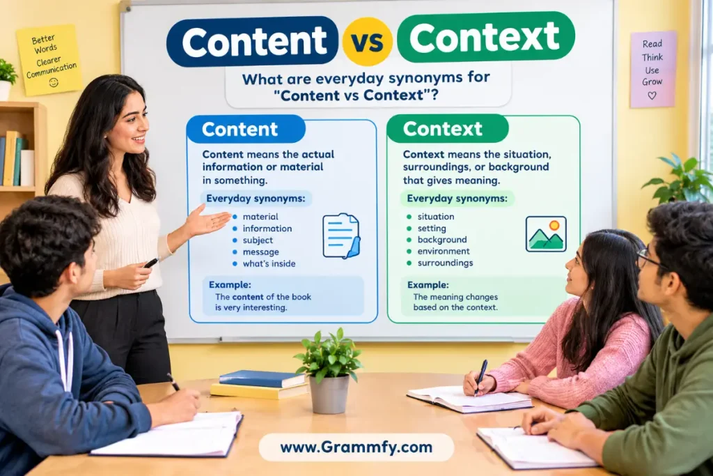 What are everyday synonyms for "Content vs Context"?