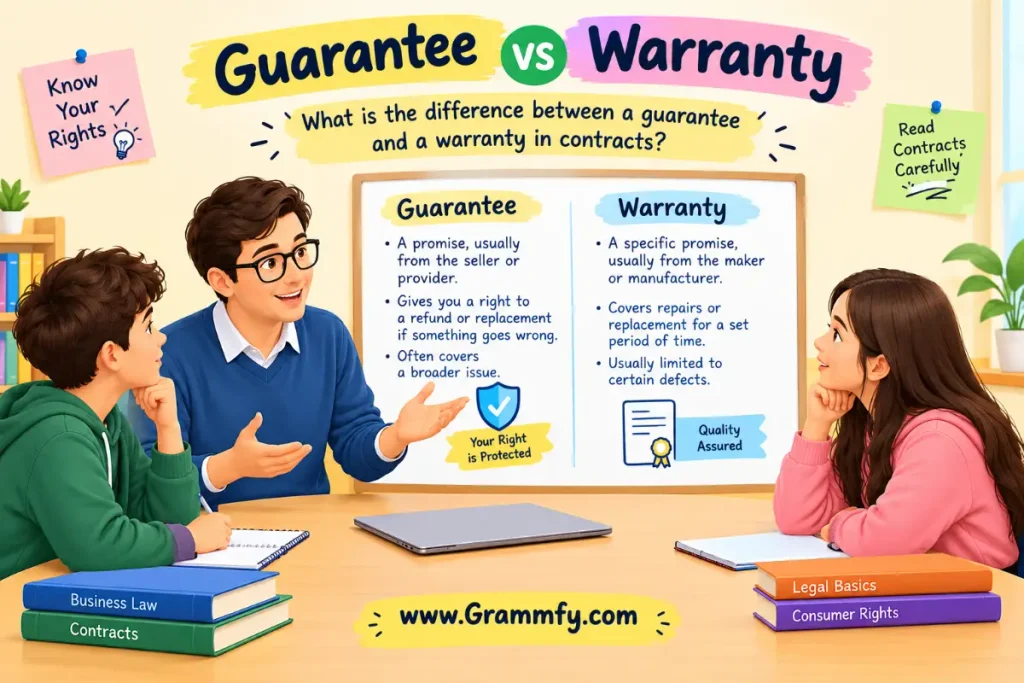 What is the difference between a guarantee and a warranty in contracts?