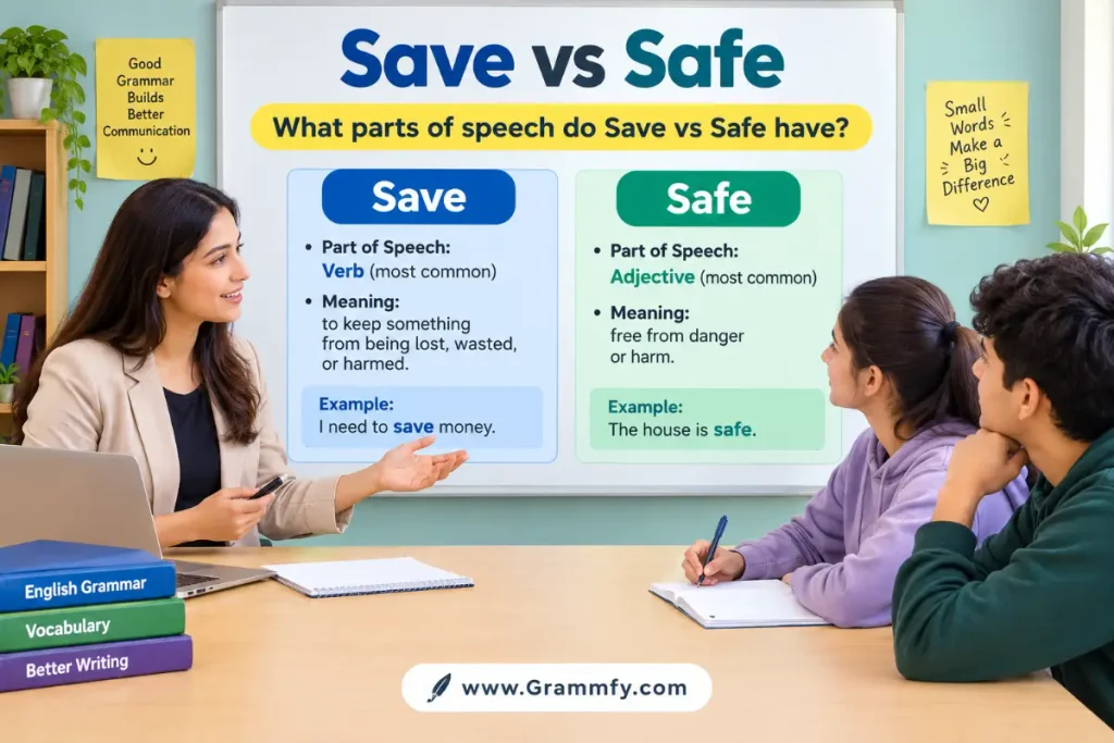 What parts of speech do Save vs Safe have?