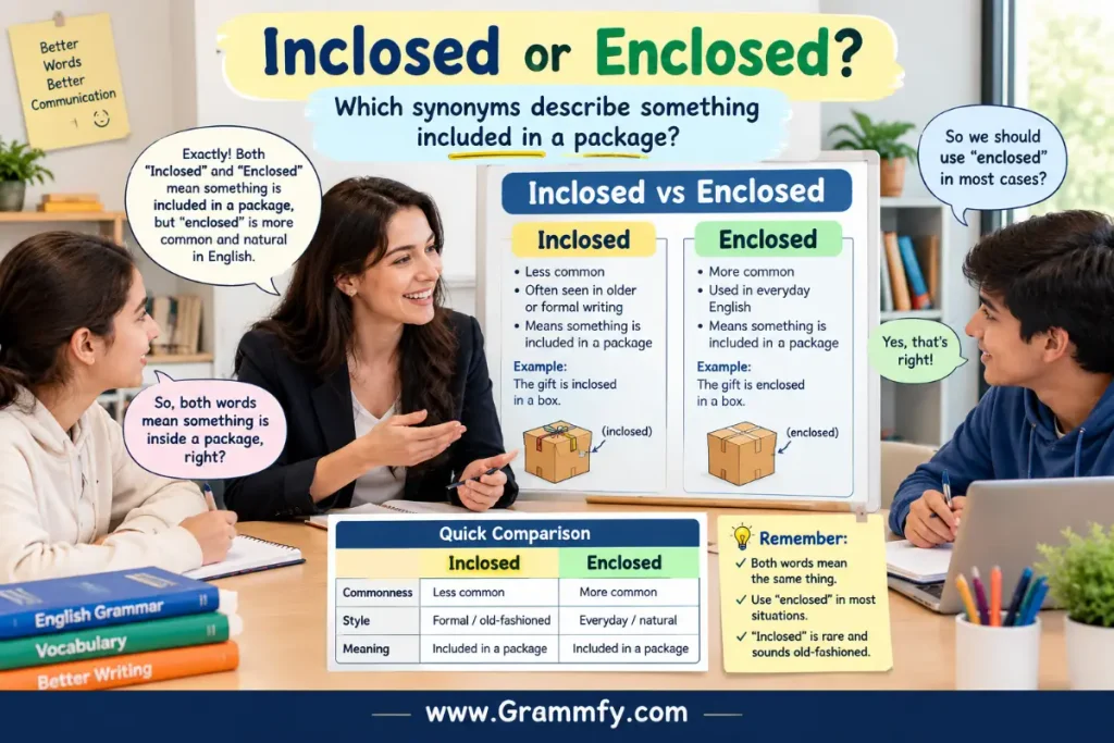 Which synonyms describe something included in a package?